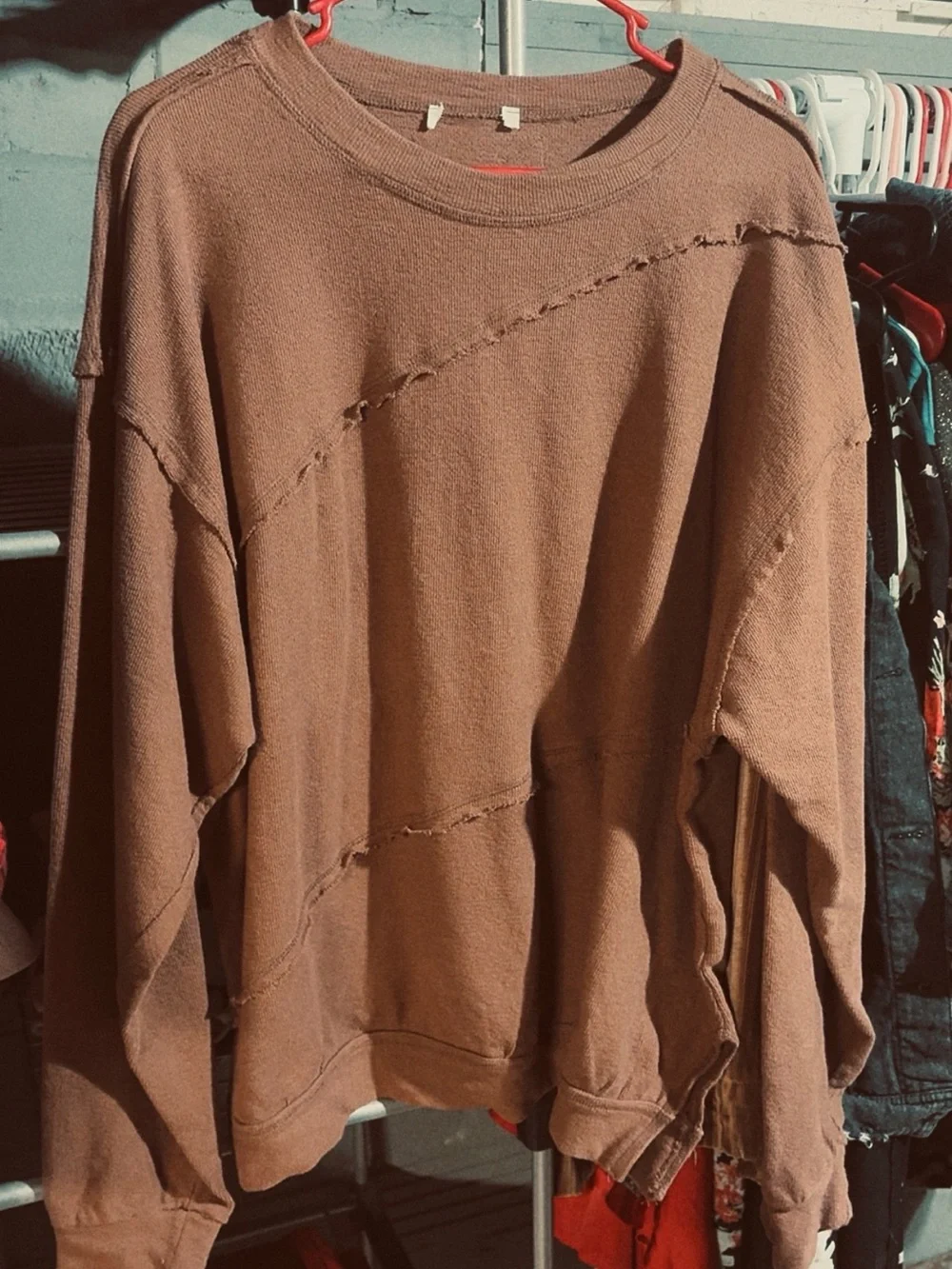 Relaxed Distressed Crewneck Sweater in Brown